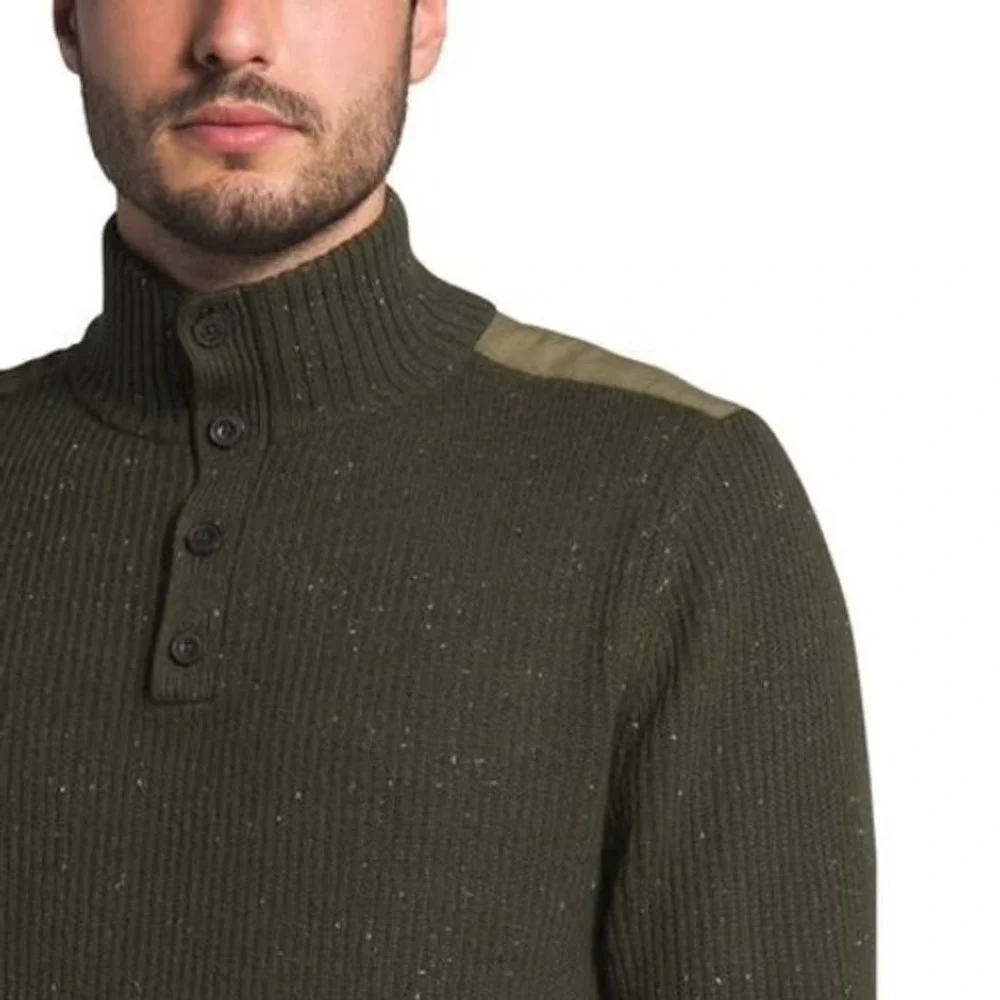 The North Face Mens Olive Green Marled Mock Neck Button Pullover Sweater Large